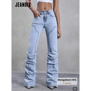 Jeanoix Women's Y2K Pleated Vintage Jeans Flare Long Pockets Bootcut 30x32
